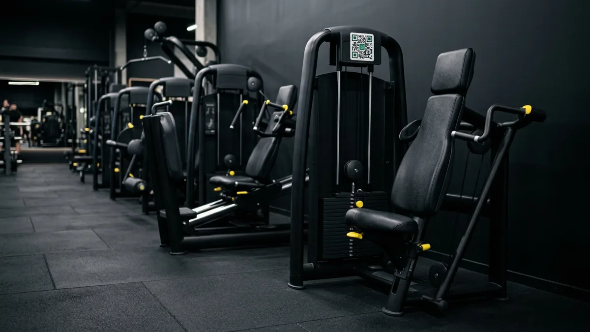 Selectorized strength machine zone at Anytime Fitness featuring numbered yellow seat levers, weight stack pin, and G.C QR frame sticker